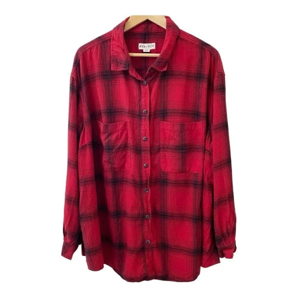 AVA & VIV  Long Sleeve Button Down Flannel 1x Red Plaid